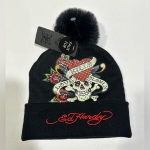 Ed Hardy Black Faux Fur Beanie